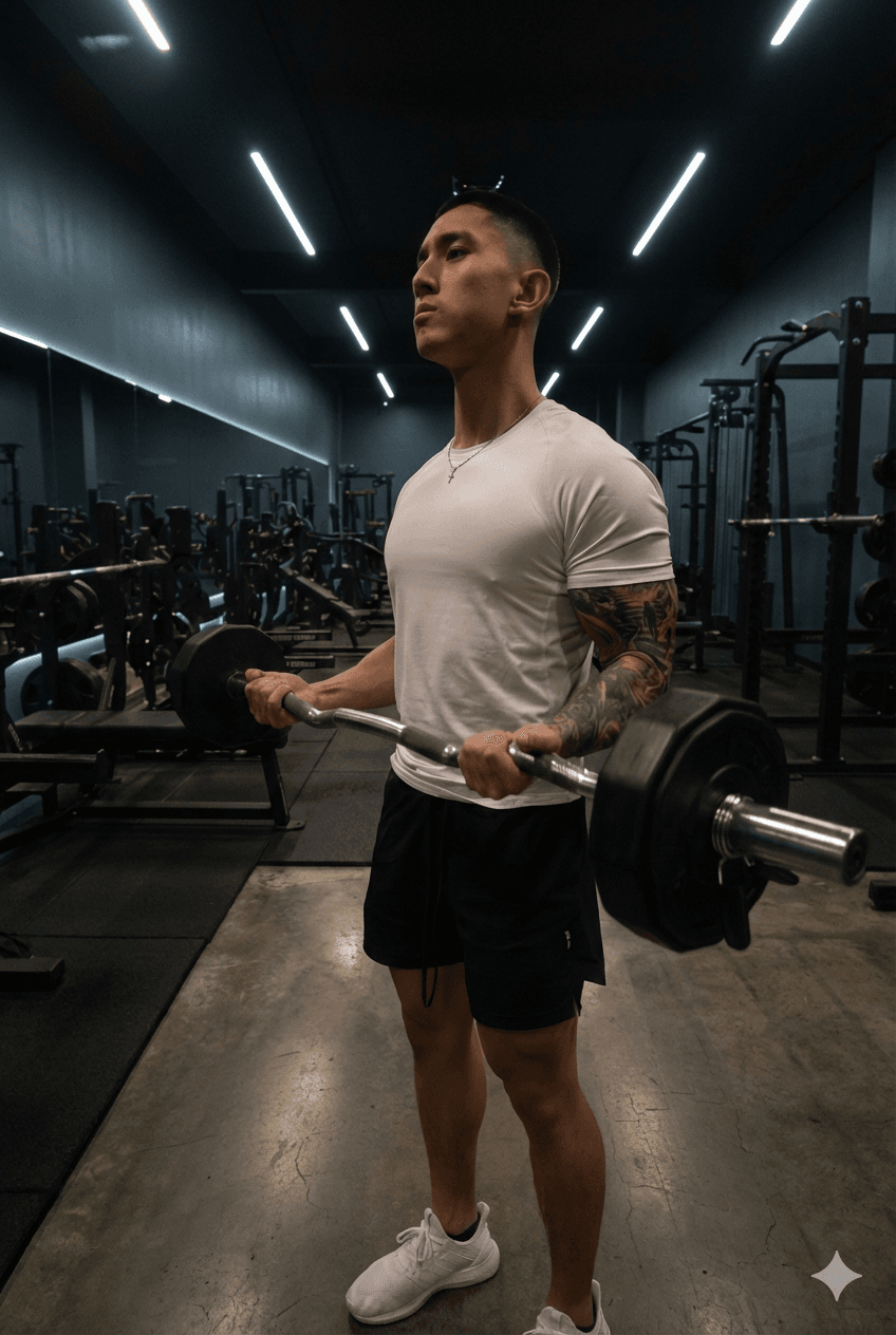 Personal trainer demonstrating barbell technique for strength and muscle building in Orange County gym.